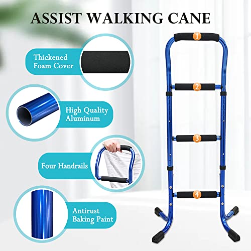 Stand Assist Walking Cane Sticks for Seniors Balance Mobility Daily Living Aids with 4 Prong Elderly Toilet Bars to Help Get Up Adjustable Couch Chairs Standing Support for Adults, Women, Men (Blue)