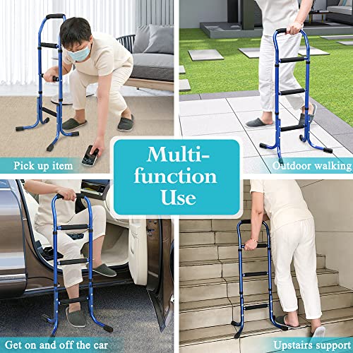 Stand Assist Walking Cane Sticks for Seniors Balance Mobility Daily Living Aids with 4 Prong Elderly Toilet Bars to Help Get Up Adjustable Couch Chairs Standing Support for Adults, Women, Men (Blue)