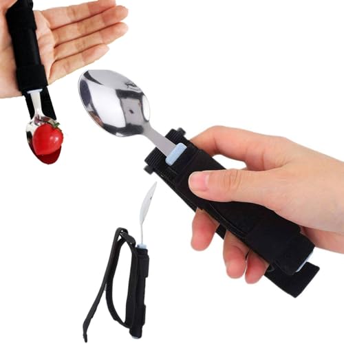 Adaptive Spoon, Universal Adjustable Hand Cuff Utensil Holder Strap Adaptive Utensils Daily Living Aid for Elderly, Hand Tremors, Arthritis, Parkinson’s, Disability Gifts