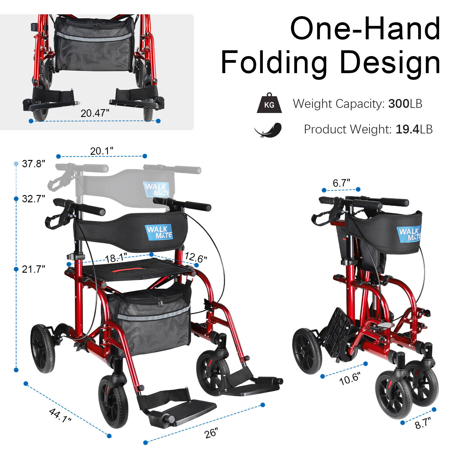 Red 2-in-1 Medical Rollator Walker & Transport Chair