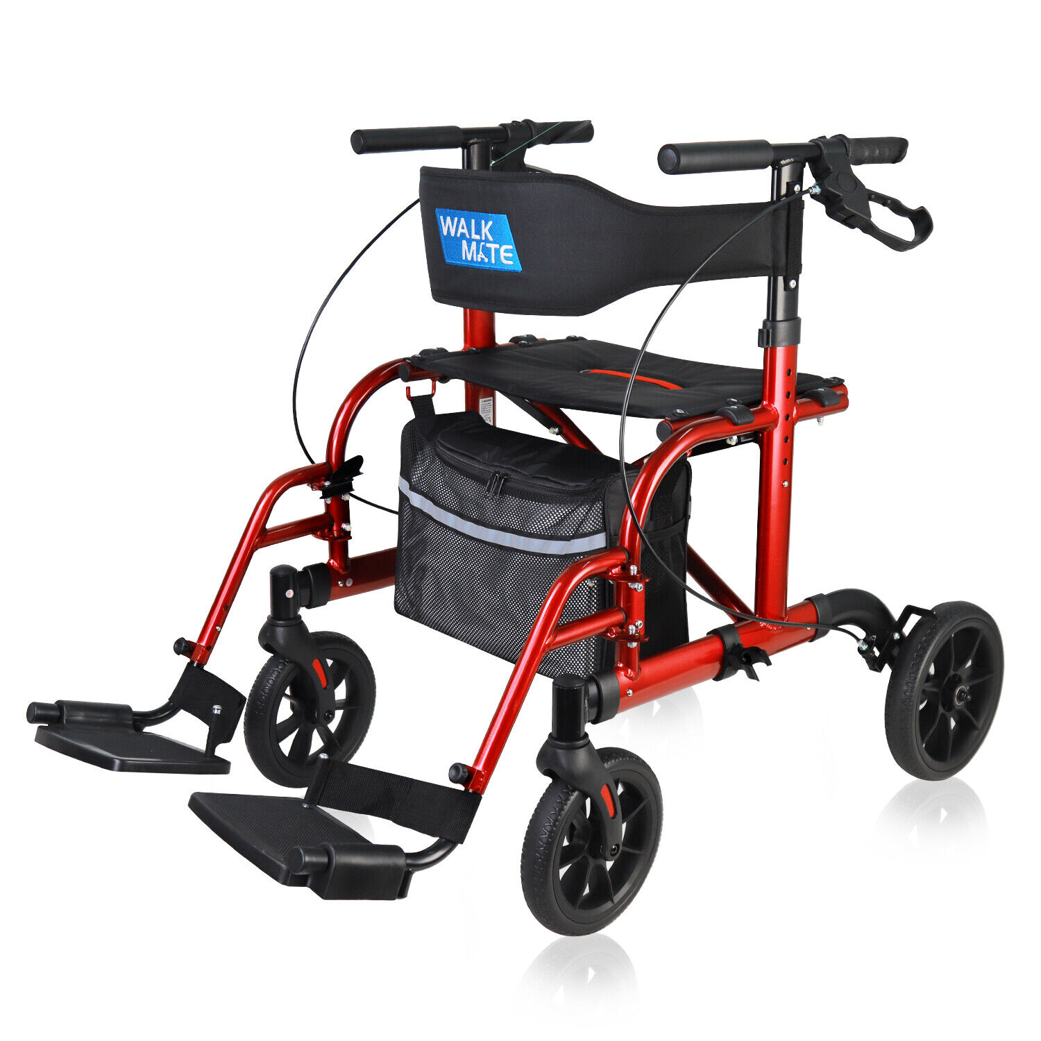 Red 2-in-1 Medical Rollator Walker & Transport Chair
