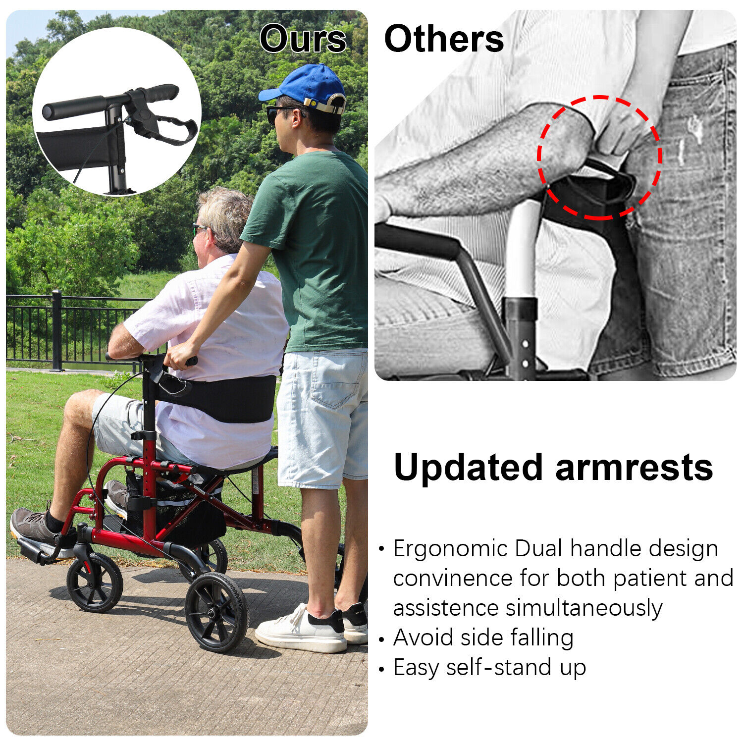 Red 2-in-1 Medical Rollator Walker & Transport Chair