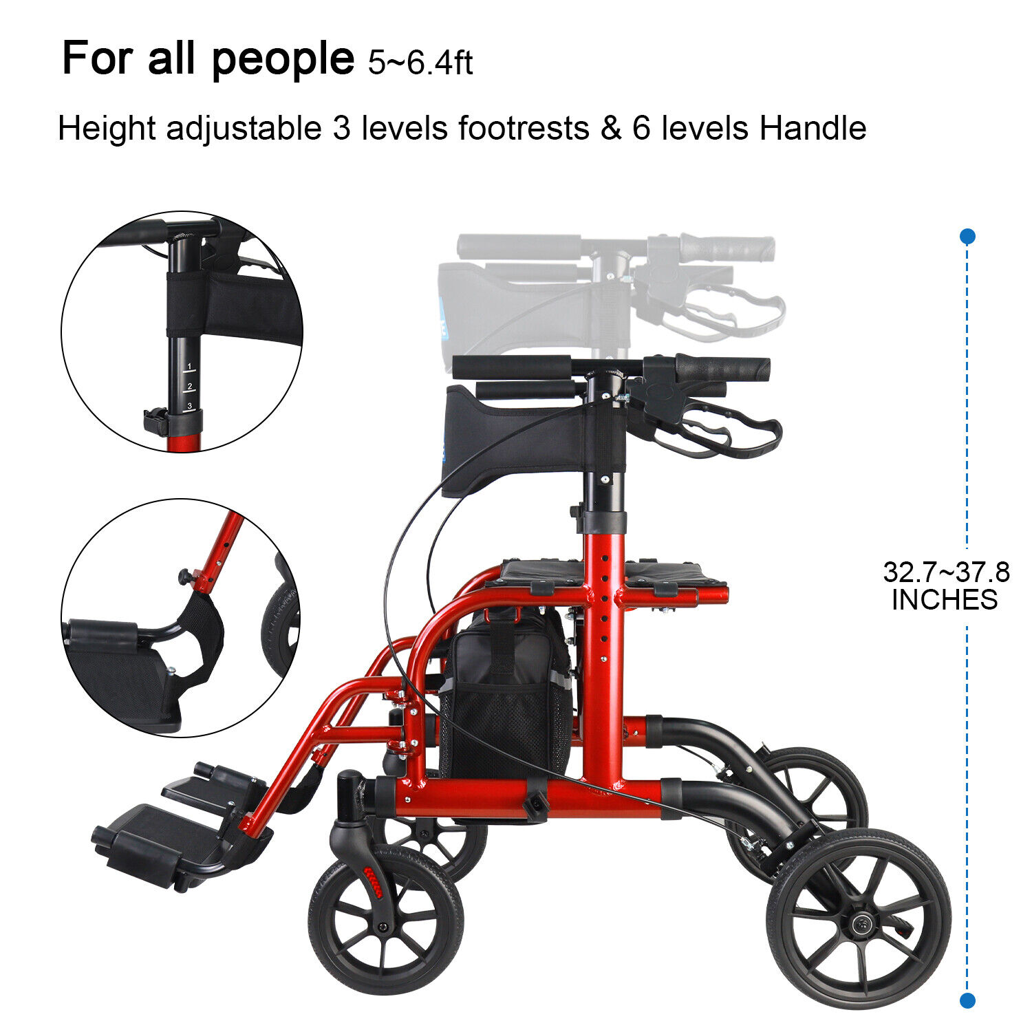Red 2-in-1 Medical Rollator Walker & Transport Chair