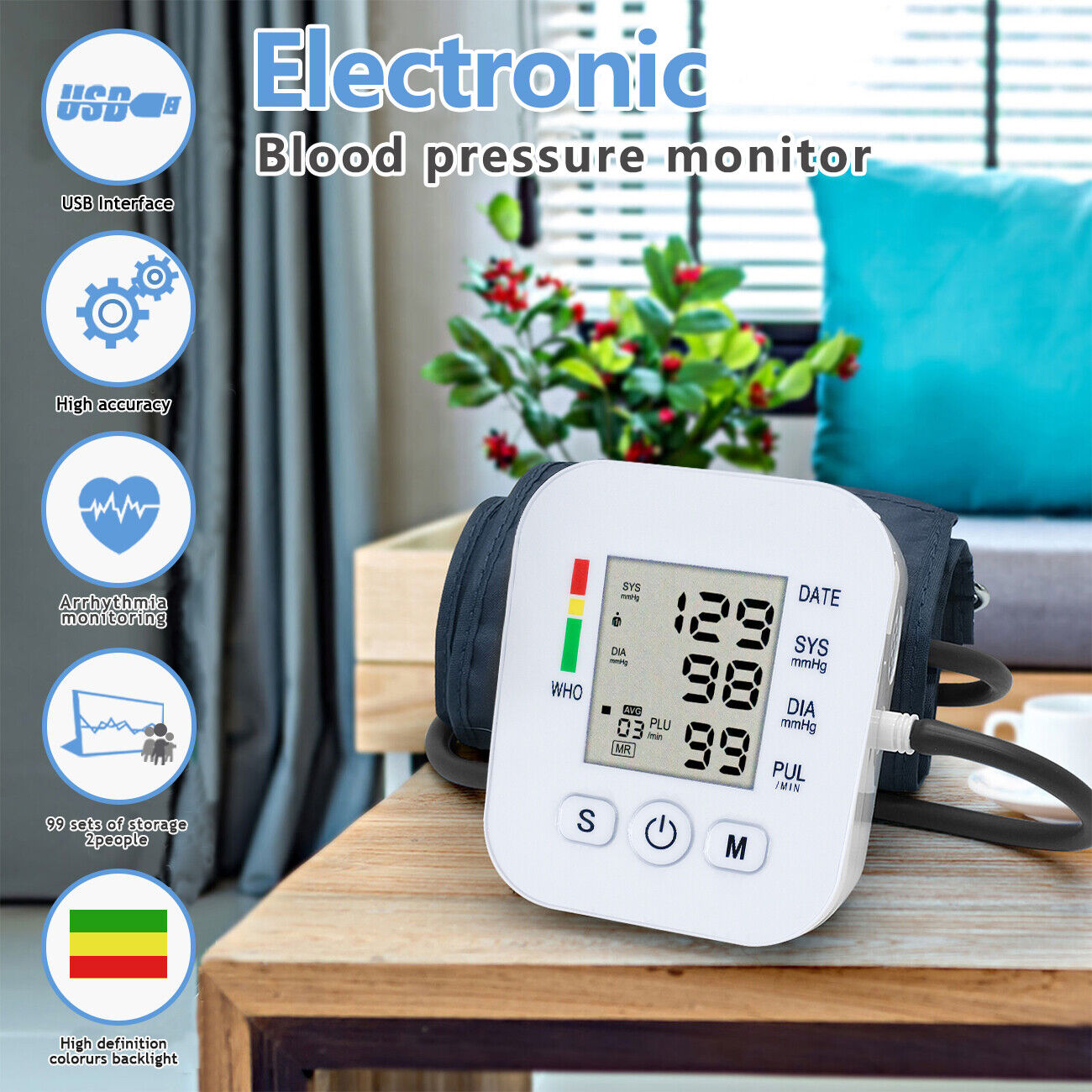 Digital Arm Blood Pressure Monitor Voice Reading BP Cuff Meter Tester Machine