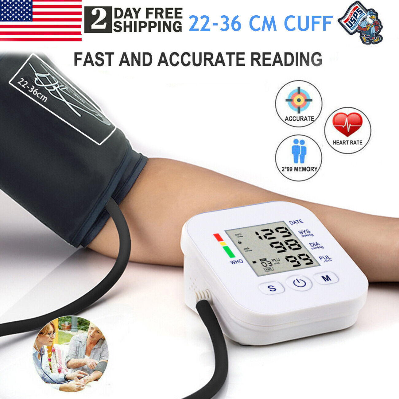Digital Arm Blood Pressure Monitor Voice Reading BP Cuff Meter Tester Machine