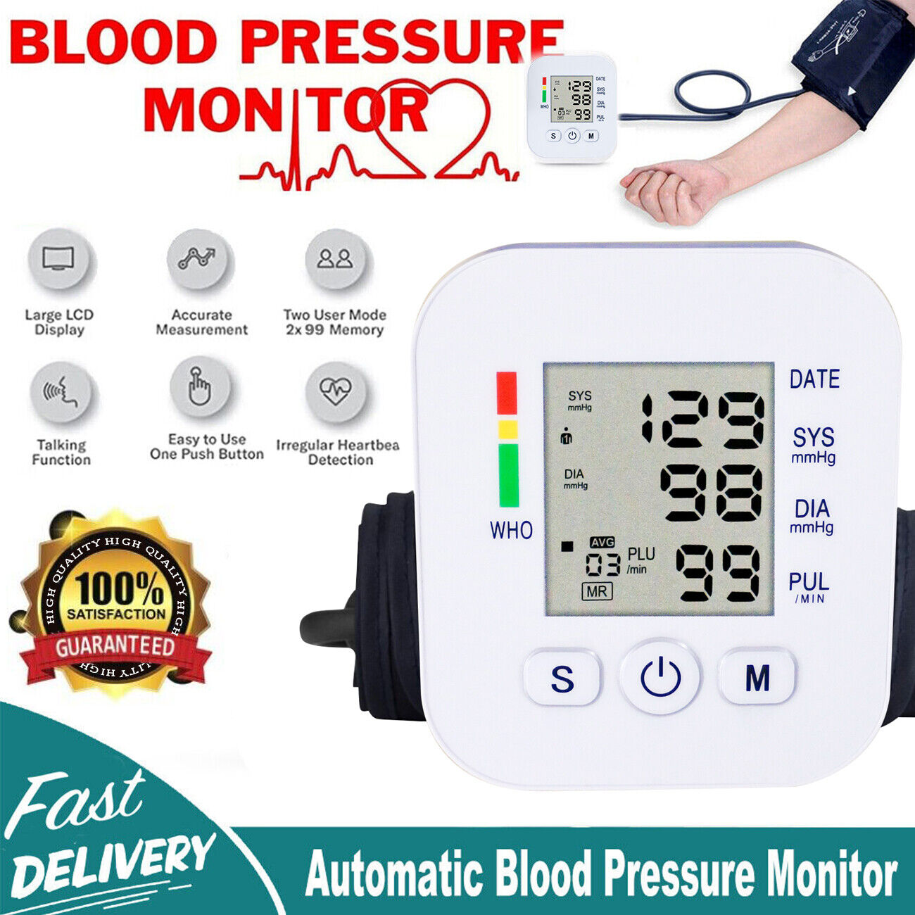 Digital Arm Blood Pressure Monitor Voice Reading BP Cuff Meter Tester Machine