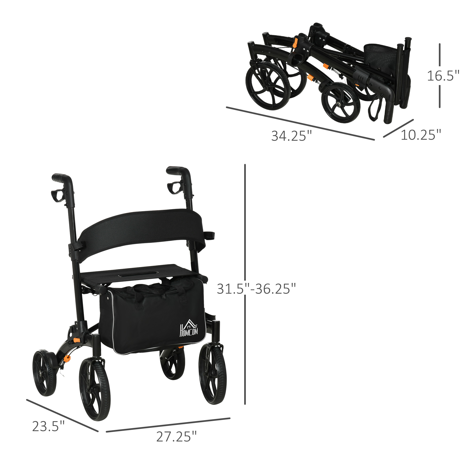 Foldable Aluminum Rollator with 10'' Wheels and Seat