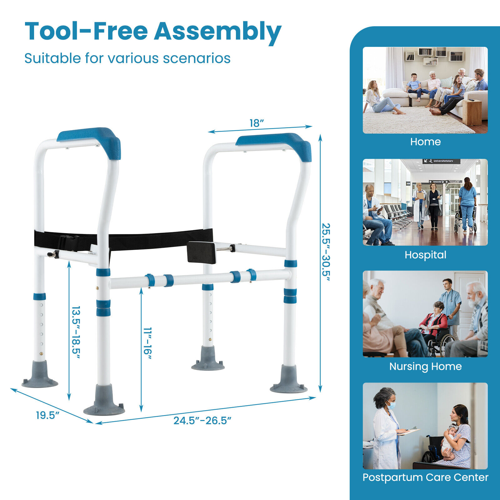 Toilet Safety Frame Safety Rail for Toilet w/ Fixed Strap for Elderly & Handicap