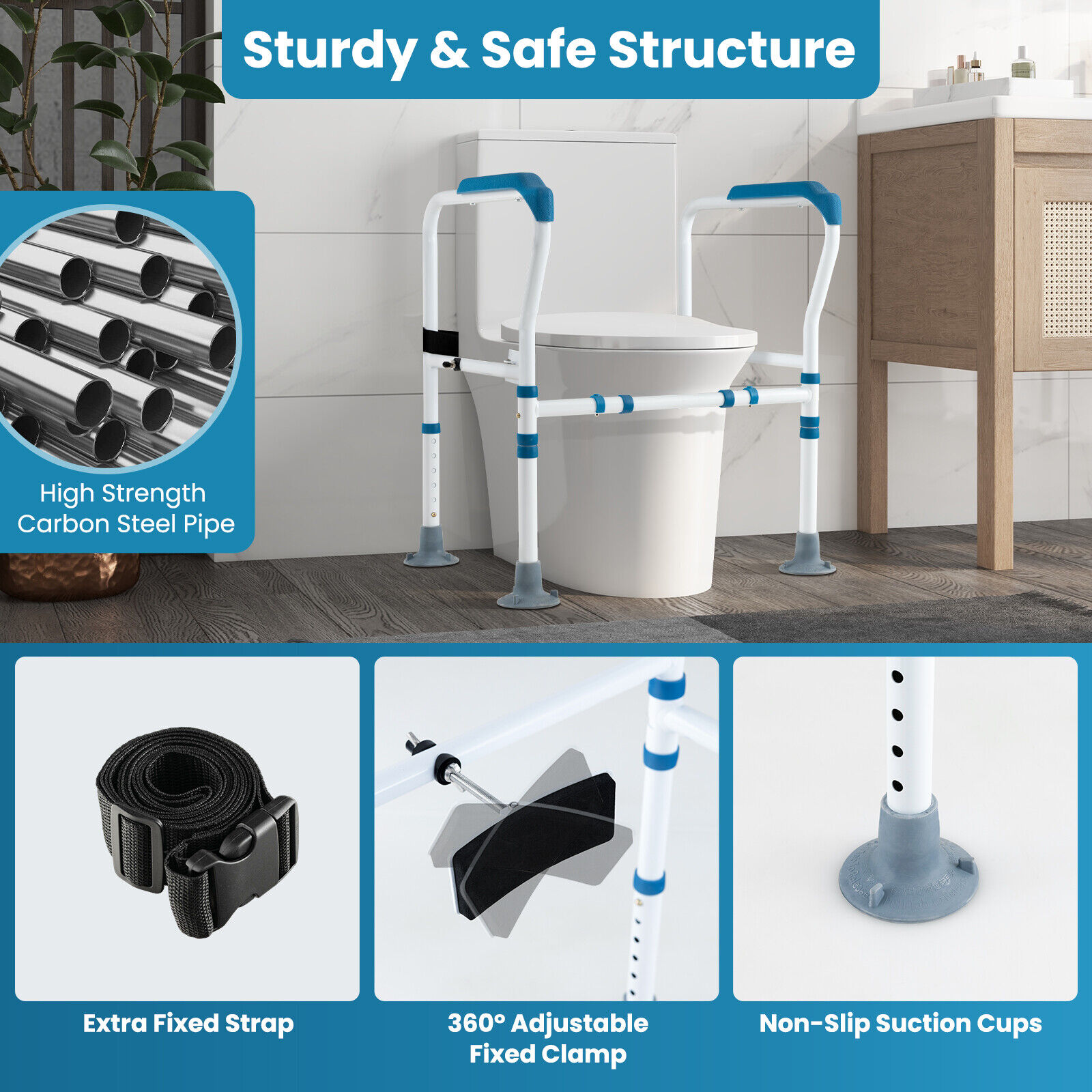 Toilet Safety Frame Safety Rail for Toilet w/ Fixed Strap for Elderly & Handicap