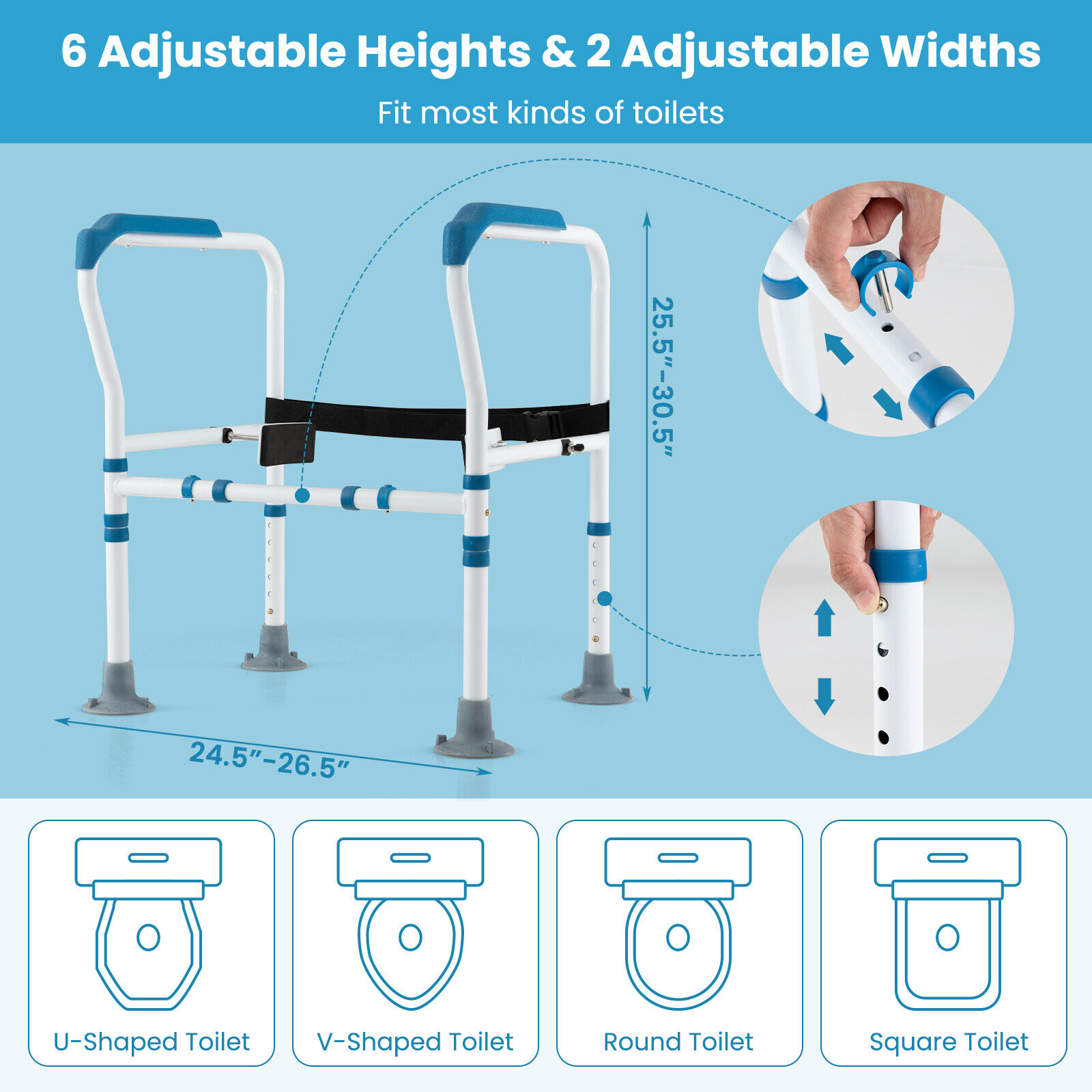 Toilet Safety Frame Safety Rail for Toilet w/ Fixed Strap for Elderly & Handicap