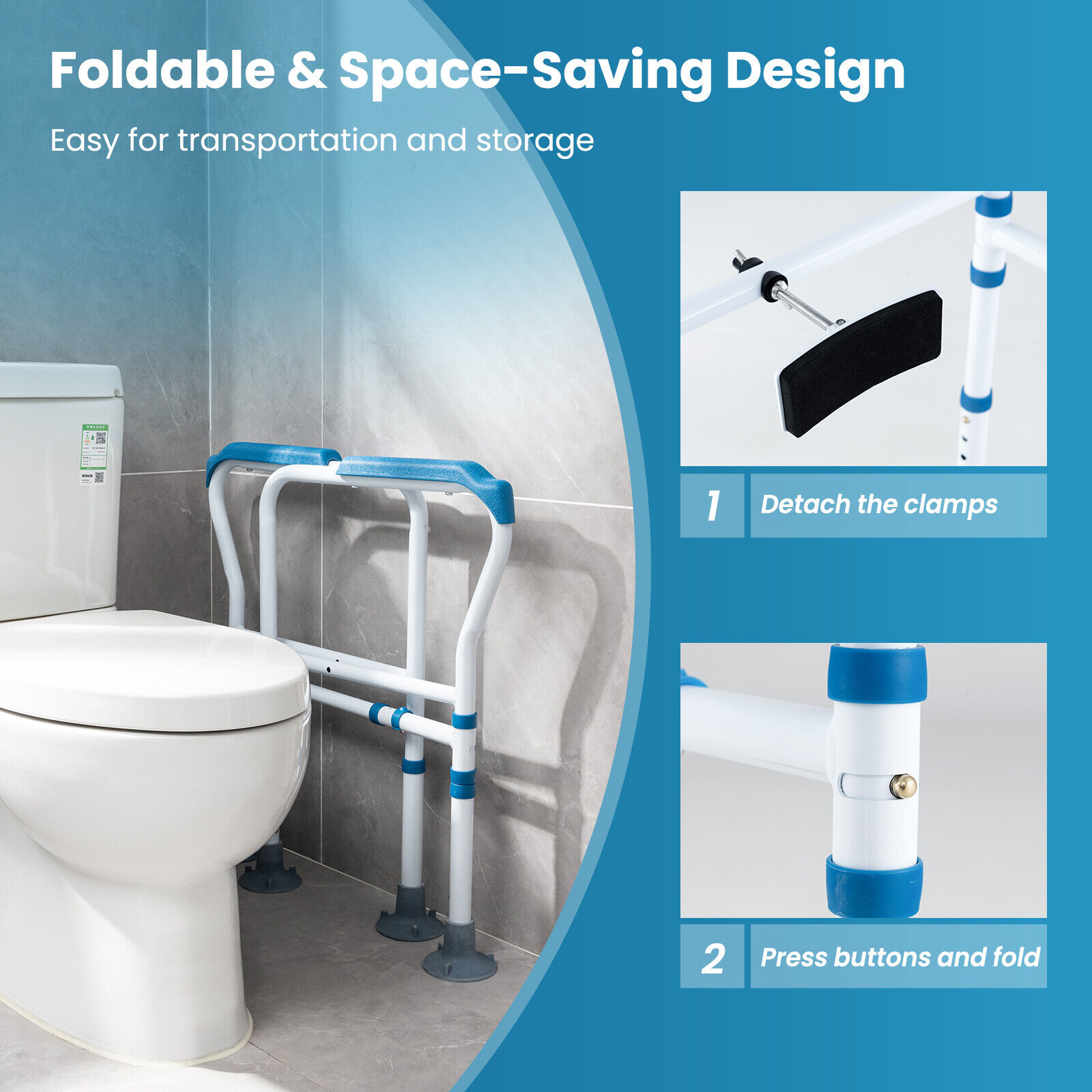 Toilet Safety Frame Safety Rail for Toilet w/ Fixed Strap for Elderly & Handicap
