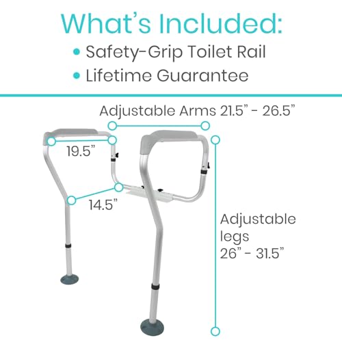 Vive Toilet Rail - Bathroom Safety Frame - Medical Railing Helper for Elderly, Handicap, Disabled, Seniors - Bariatric Assist Handrail Grab Bar - Adjustable Height, Padded Arms Fit Most Toilets