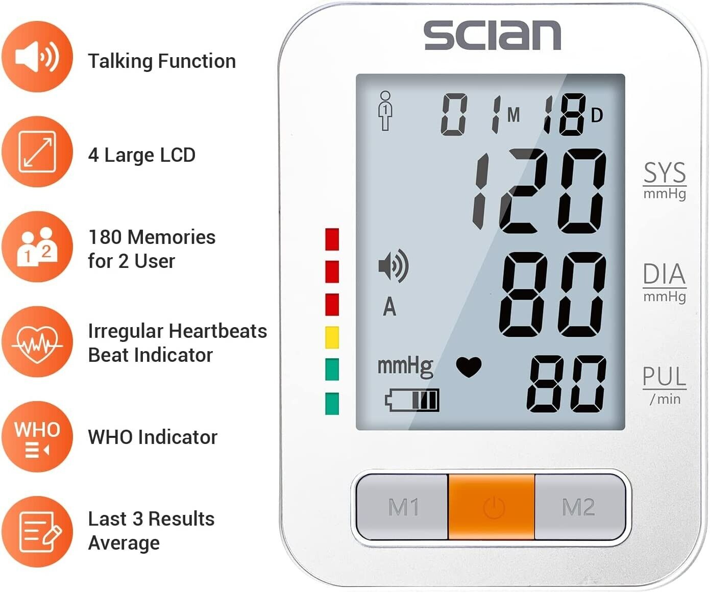 Scian LCD Blood Pressure Monitor Upper Arm Automatic Machine BP Cuff Gauge Pulse
