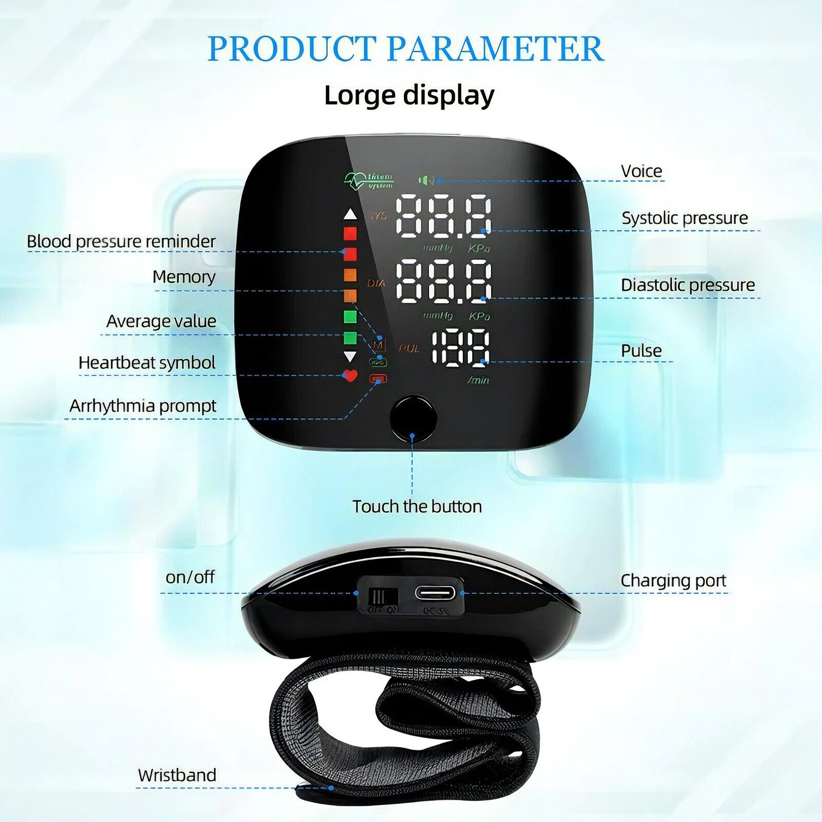 New LED Rechargeable Wrist Blood Pressure Monitor Digital Automatic BP Monitor