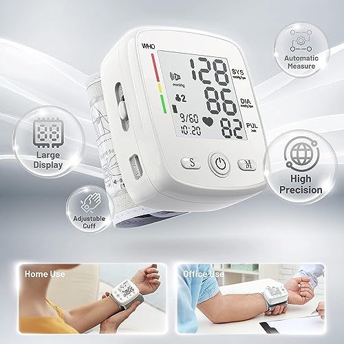 Wrist Blood Pressure Monitor Digital BP Monitor Rechargeable BP Machine with 2x99 Readings Memory Large LCD Display Voice Broadcast Portable Carrying Case