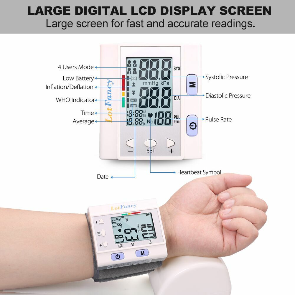 Automatic Wrist High Blood Pressure Monitor BP Cuff Machine Heart Rate Gauge Kit