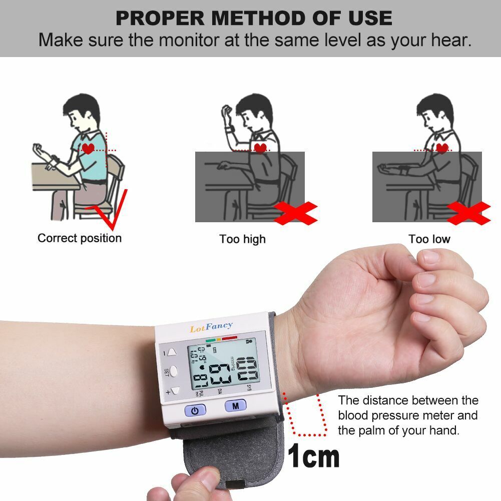 Automatic Wrist High Blood Pressure Monitor BP Cuff Machine Heart Rate Gauge Kit