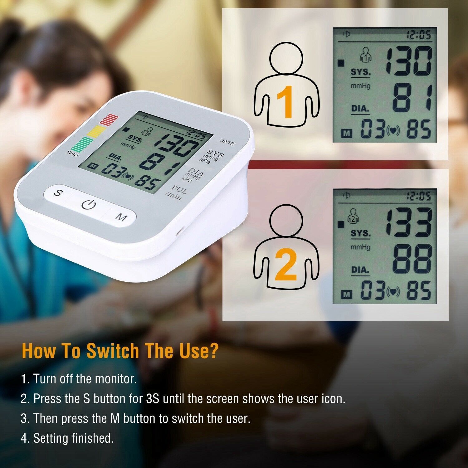 Upper Arm Blood Pressure Monitor Digital BP Cuff Machine Automatic Pulse Meter