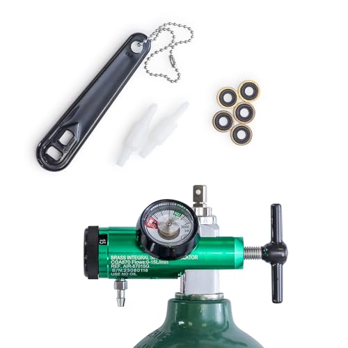 AireMed Oxygen Regulator 0-15LPM, CGA-870 Gauge Flow Rate – Includes Wrench Key, 5 Brass Yoke Washer Seals, and 2 Oxygen Tubing Swivel Connectors - Ergonomic Handle Design – Green