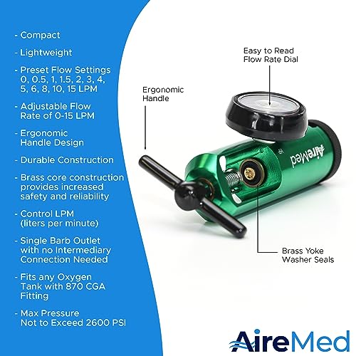 AireMed Oxygen Regulator 0-15LPM, CGA-870 Gauge Flow Rate – Includes Wrench Key, 5 Brass Yoke Washer Seals, and 2 Oxygen Tubing Swivel Connectors - Ergonomic Handle Design – Green