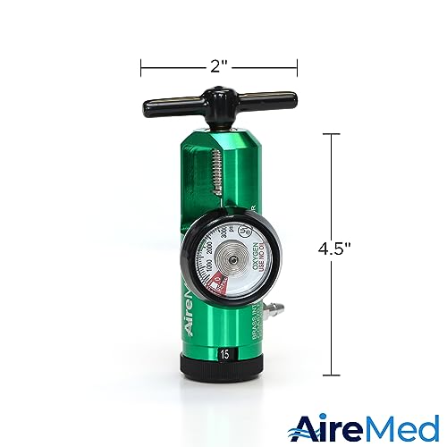 AireMed Oxygen Regulator 0-15LPM, CGA-870 Gauge Flow Rate – Includes Wrench Key, 5 Brass Yoke Washer Seals, and 2 Oxygen Tubing Swivel Connectors - Ergonomic Handle Design – Green