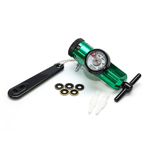 AireMed Oxygen Regulator 0-15LPM, CGA-870 Gauge Flow Rate – Includes Wrench Key, 5 Brass Yoke Washer Seals, and 2 Oxygen Tubing Swivel Connectors - Ergonomic Handle Design – Green