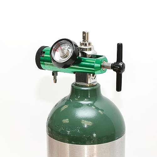 AireMed Oxygen Regulator 0-15LPM, CGA-870 Gauge Flow Rate – Includes Wrench Key, 5 Brass Yoke Washer Seals, and 2 Oxygen Tubing Swivel Connectors - Ergonomic Handle Design – Green