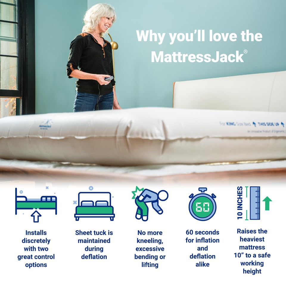 Mattress Jack Mattress Elevator - Easy Use Lifter for Sheet Tucking & Bed Making - Ergonomic Mobility & Daily Living Aid for Elderly, with Inflatable Ring, Air Pump, & Controller, Queen
