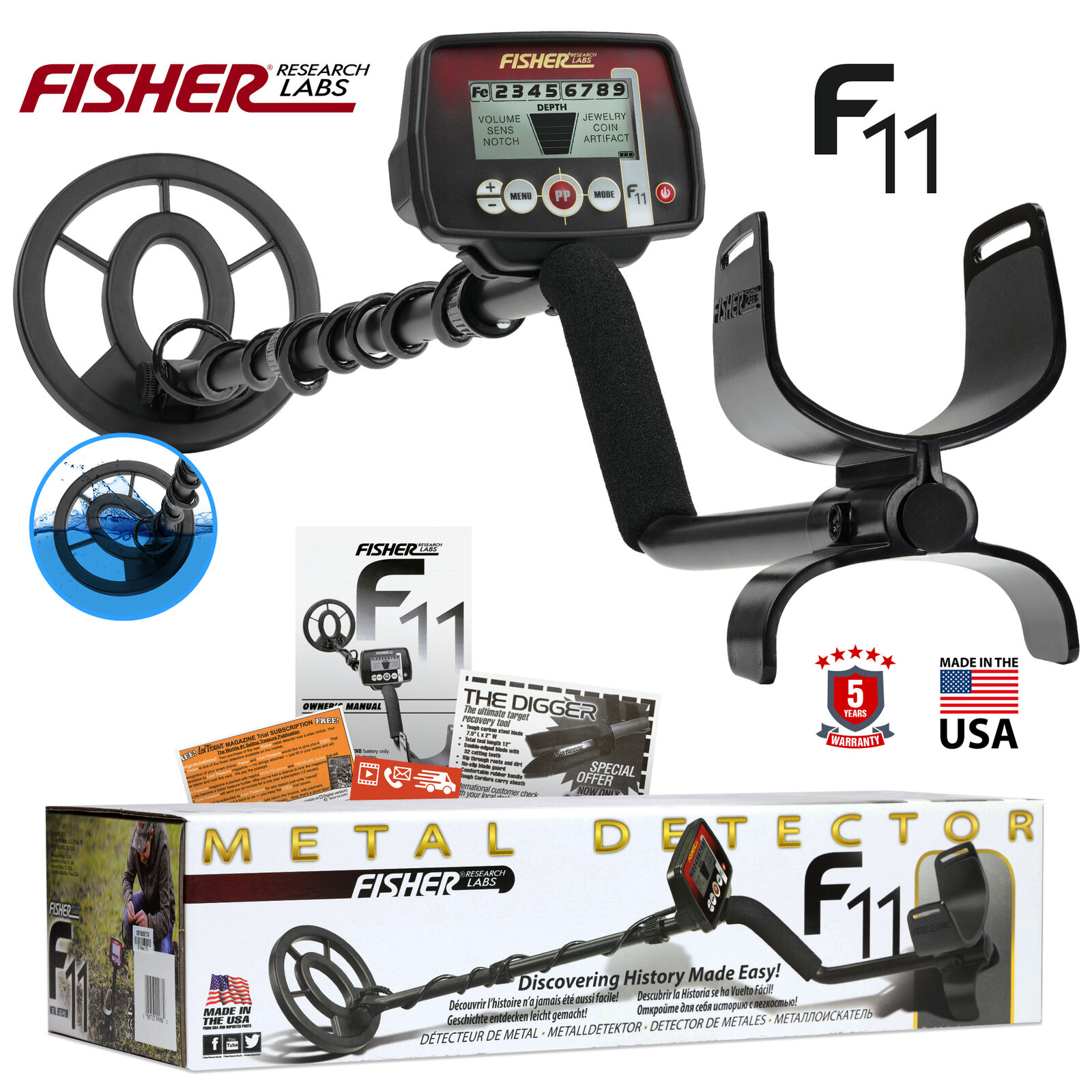 Fisher F11 Metal Detector: Waterproof 7" Search Coil