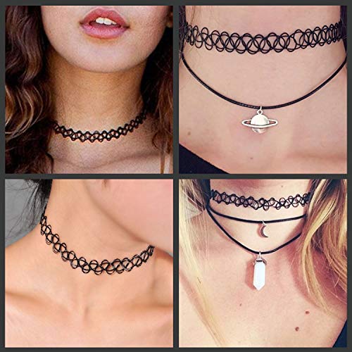Black Gothic Tattoo Choker Necklace Set - 12 Pieces
