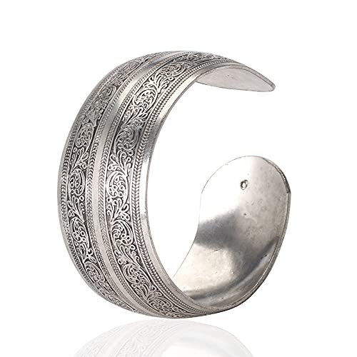 Tibetan Silver Carved Spiral Flower Wide Band Bracelet