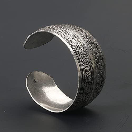 Tibetan Silver Carved Spiral Flower Wide Band Bracelet