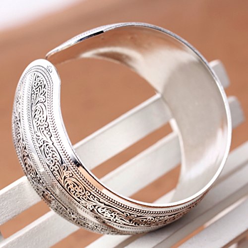 Tibetan Silver Carved Spiral Flower Wide Band Bracelet