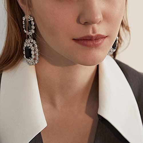 Boho Statement Black Rhinestone Tassel Drop Earrings