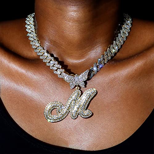 Cursive Silver Initial Diamond Cuban Chain Necklace