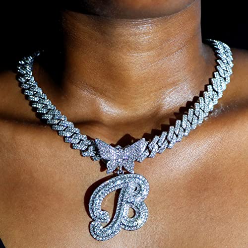 Cursive Silver Initial Diamond Cuban Chain Necklace