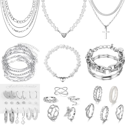 Silver Jewelry Set: Earrings, Bracelets, Rings, Necklaces - 43 PCS