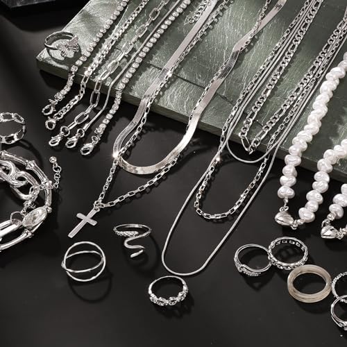 Silver Jewelry Set: Earrings, Bracelets, Rings, Necklaces - 43 PCS