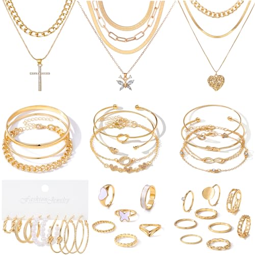 Gold Jewelry Set: Earrings, Rings, Bracelets, Necklaces - Gift