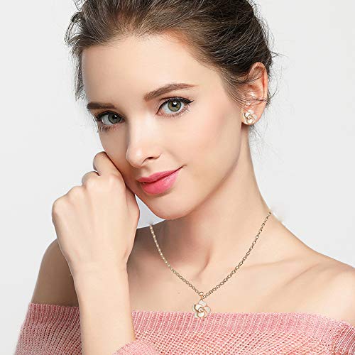 EVEVIC Rose Flower Necklace Earrings Set - 18K Gold Plated