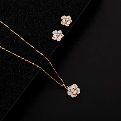 EVEVIC Rose Flower Necklace Earrings Set - 18K Gold Plated