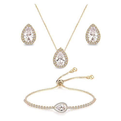 Gold CZ Tearsdrop Earrings Necklace Set for Wedding