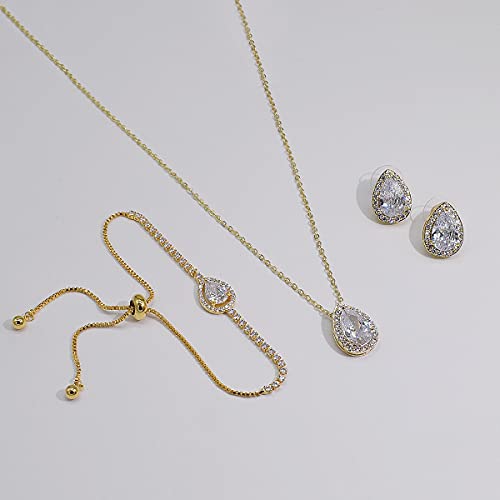 Gold CZ Tearsdrop Earrings Necklace Set for Wedding