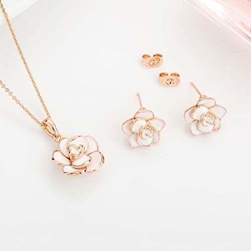 EVEVIC Rose Flower Necklace Earrings Set - 18K Gold Plated