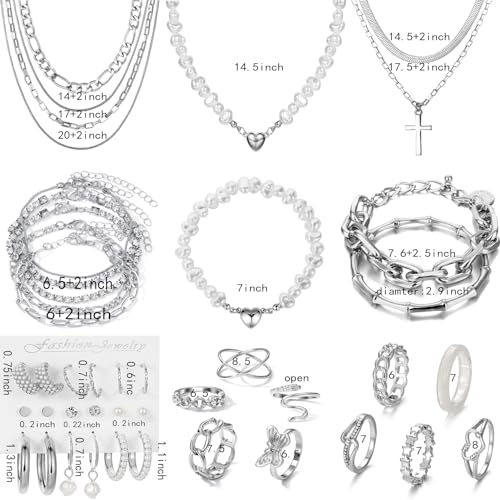 Silver Jewelry Set: Earrings, Bracelets, Rings, Necklaces - 43 PCS