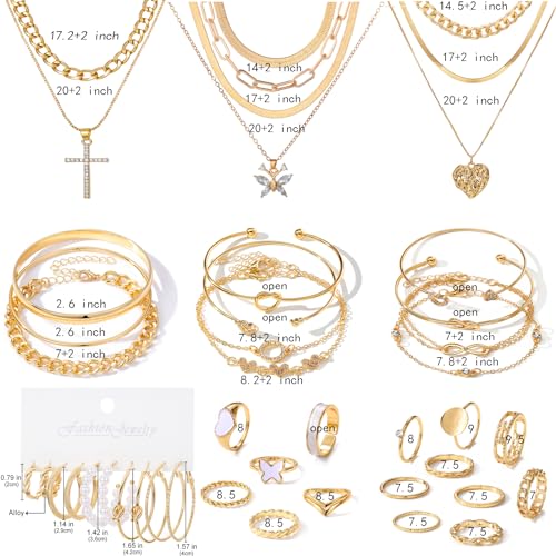 Gold Jewelry Set: Earrings, Rings, Bracelets, Necklaces - Gift