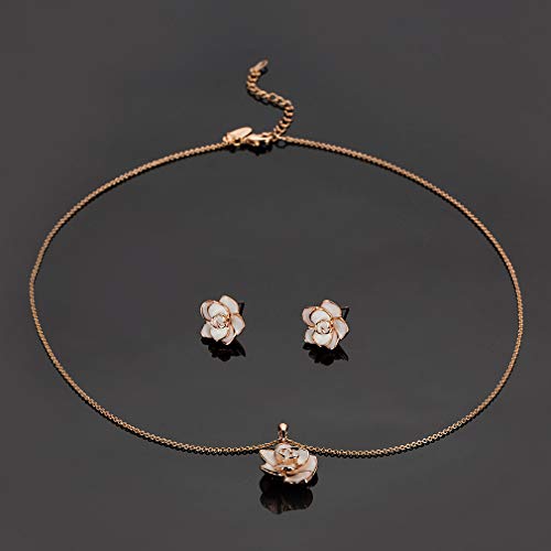 EVEVIC Rose Flower Necklace Earrings Set - 18K Gold Plated