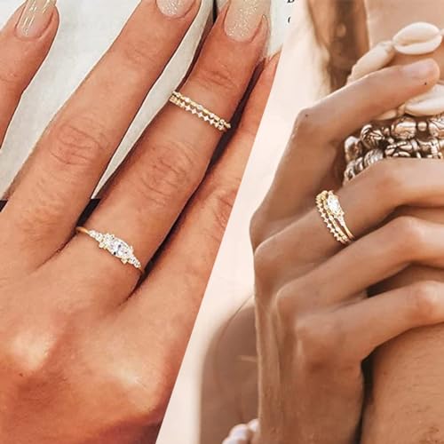 Qyalie 14K Gold Stackable Rings Set CZ Fashion