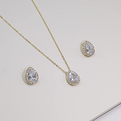 Gold CZ Tearsdrop Earrings Necklace Set for Wedding