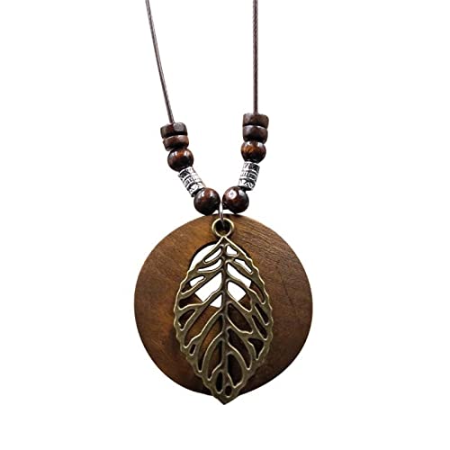 Wooden Pendant Necklace with Owl Leaf Elephants